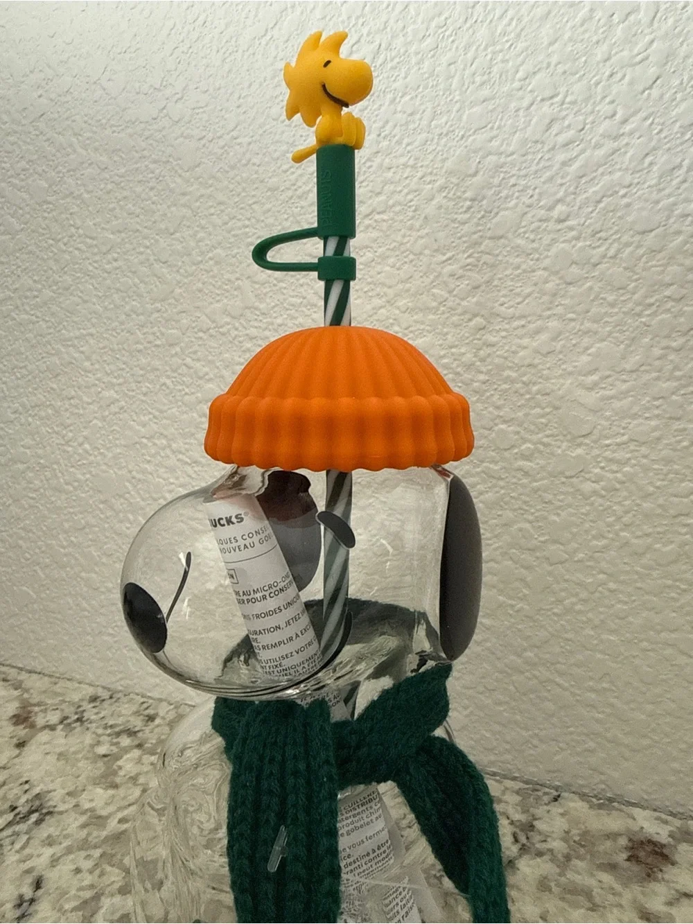 Starbucks Glass Snoopy Vase with Orange Hat and Green Scarf